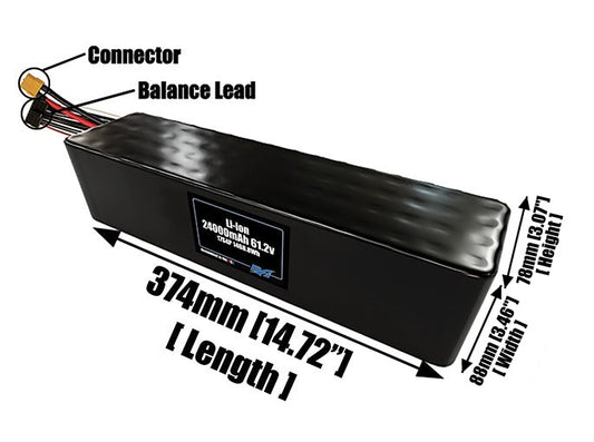 Size reference photo of the 24000mAh 61.2V lithium ion pack showing 374 mm by 88 mm by 78 mm dimensions ideal for drones or large robotic systems where space matters.