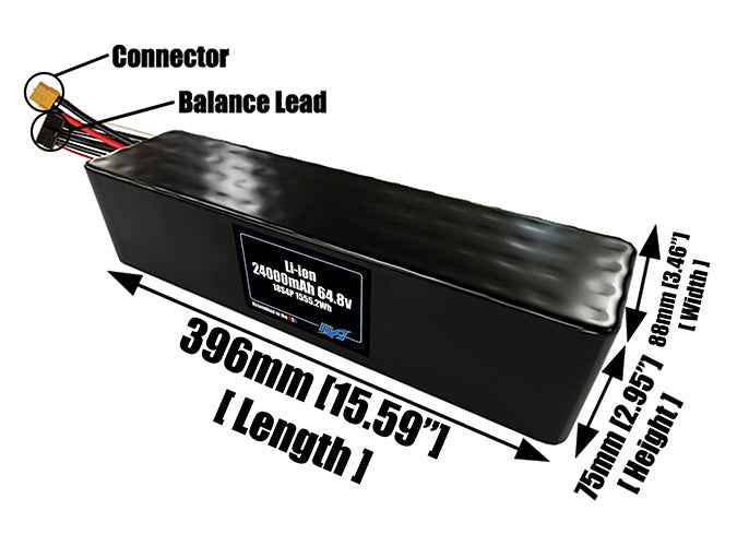 Size reference photo of the 24000mAh 64.8V lithium ion pack showing 396 mm by 88 mm by 75 mm dimensions ideal for drones or large robotic systems where space matters.