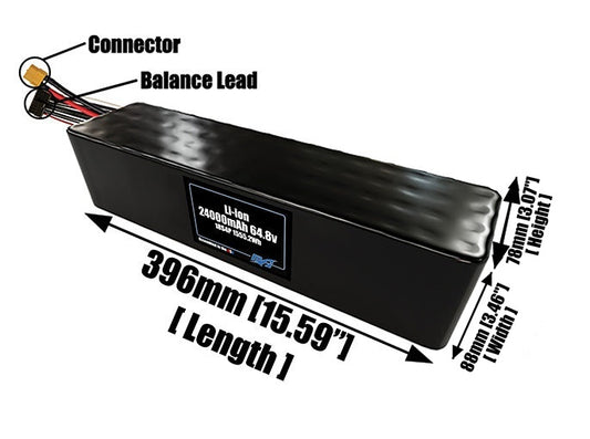 Size reference photo of the 24000mAh 64.8V lithium ion pack showing 396 mm by 88 mm by 78 mm dimensions ideal for drones or large robotic systems where space matters.