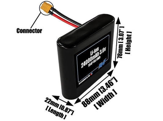 Size reference photo of the 24000mAh 3.6V lithium ion pack showing 22 mm by 88 mm by 78 mm dimensions ideal for drones or large robotic systems where space matters.