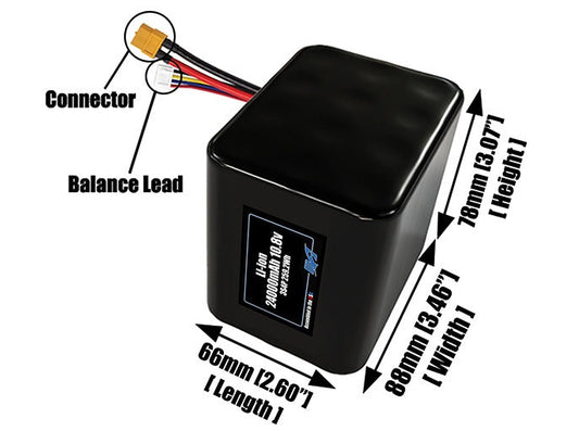 Size reference photo of the 24000mAh 10.8V lithium ion pack showing 66 mm by 88 mm by 78 mm dimensions ideal for drones or large robotic systems where space matters.