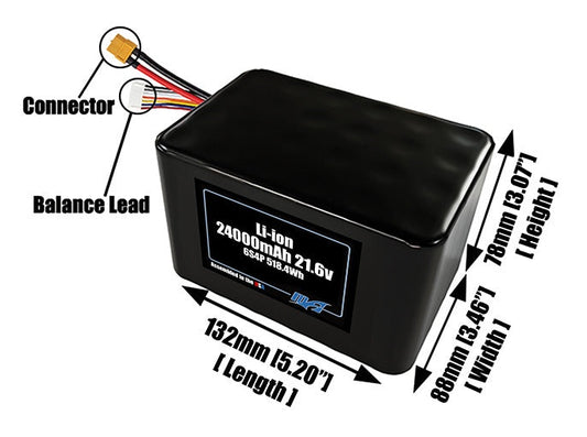 Size reference photo of the 24000mAh 21.6V lithium ion pack showing 132 mm by 88 mm by 78 mm dimensions ideal for drones or large robotic systems where space matters.