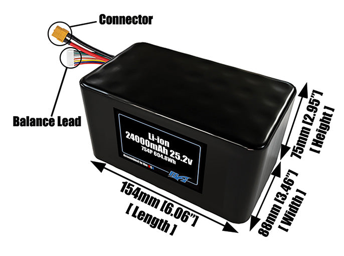 Size reference photo of the 24000mAh 25.2V lithium ion pack showing 154 mm by 88 mm by 75 mm dimensions ideal for drones or large robotic systems where space matters.