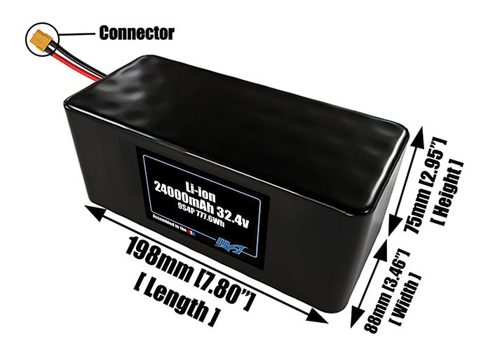 Size reference photo of the 24000mAh 32.4V lithium ion pack showing 198 mm by 88 mm by 75 mm dimensions ideal for drones or large robotic systems where space matters.