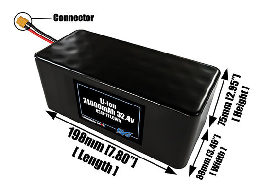 Size reference photo of the 24000mAh 32.4V lithium ion pack showing 198 mm by 88 mm by 75 mm dimensions ideal for drones or large robotic systems where space matters.