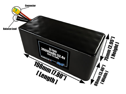 Size reference photo of the 24000mAh 32.4V lithium ion pack showing 198 mm by 88 mm by 75 mm dimensions ideal for drones or large robotic systems where space matters.