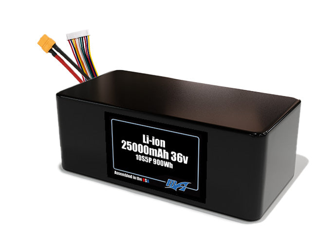 Compact 36-volt 25000mAh lithium-ion battery, built for lightweight drone, UAV, and robotics projects.