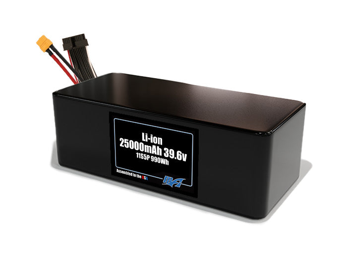Compact 39.6-volt 25000mAh lithium-ion battery, built for lightweight drone, UAV, and robotics projects.