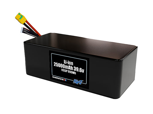 Compact 39.6-volt 25000mAh lithium-ion battery, built for lightweight drone, UAV, and robotics projects.