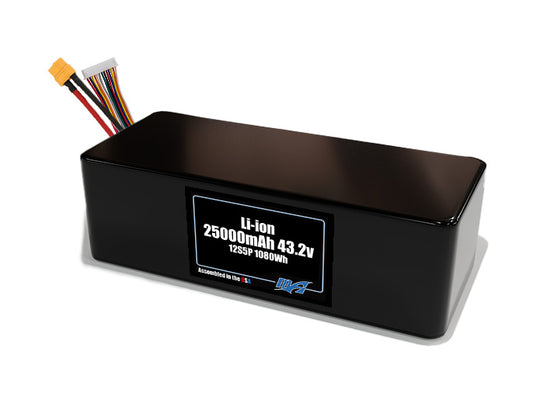 Compact 43.2-volt 25000mAh lithium-ion battery, built for lightweight drone, UAV, and robotics projects.