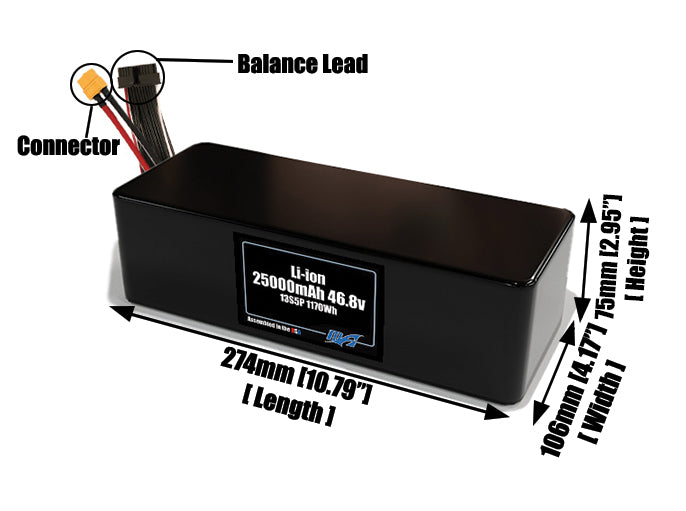 Size reference photo of the 25000mAh 46.8V lithium ion pack showing 274 mm by 106 mm by 75 mm dimensions ideal for drones or large robotic systems where space matters.