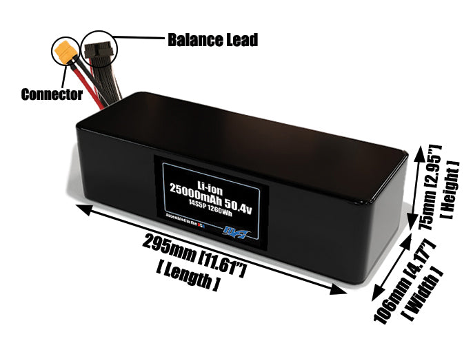 Size reference photo of the 25000mAh 50.4V lithium ion pack showing 295 mm by 106 mm by 75 mm dimensions ideal for drones or large robotic systems where space matters.