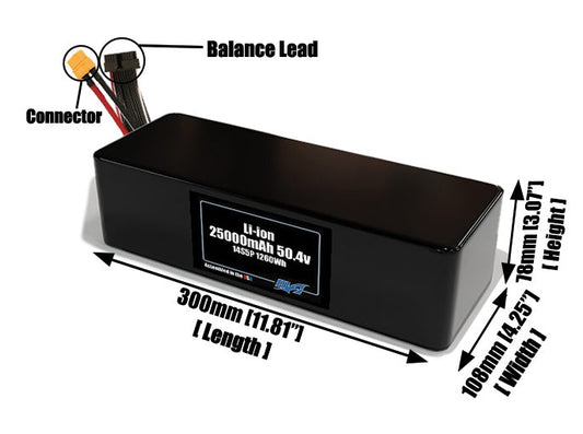 Size reference photo of the 25000mAh 50.4V lithium ion pack showing 300 mm by 108 mm by 78 mm dimensions ideal for drones or large robotic systems where space matters.