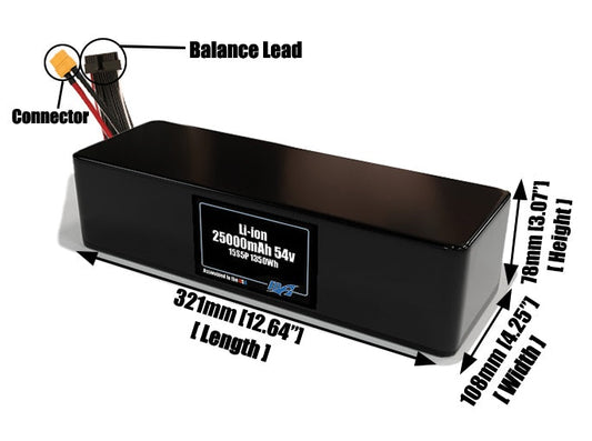 Size reference photo of the 25000mAh 54V lithium ion pack showing 321 mm by 108 mm by 78 mm dimensions ideal for drones or large robotic systems where space matters.