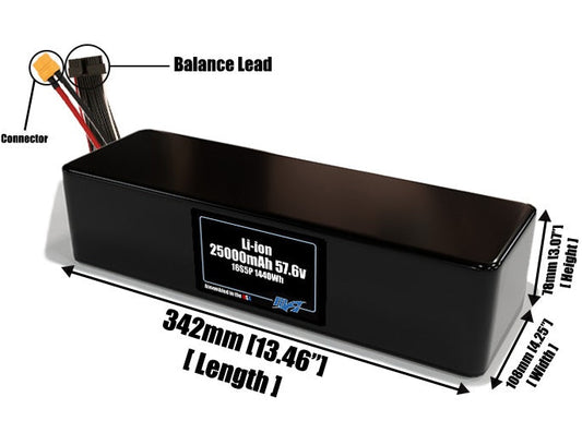 Size reference photo of the 25000mAh 57.6V lithium ion pack showing 342 mm by 108 mm by 78 mm dimensions ideal for drones or large robotic systems where space matters.