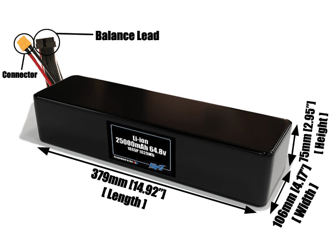 Size reference photo of the 25000mAh 3.6V lithium ion pack showing 379 mm by 106 mm by 75 mm dimensions ideal for drones or large robotic systems where space matters.