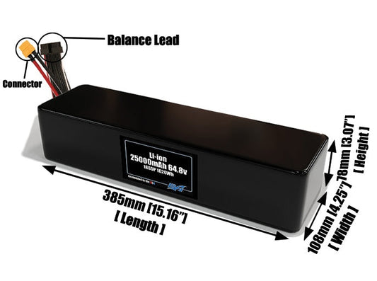 Size reference photo of the 25000mAh 64.8V lithium ion pack showing 385 mm by 108 mm by 78 mm dimensions ideal for drones or large robotic systems where space matters.