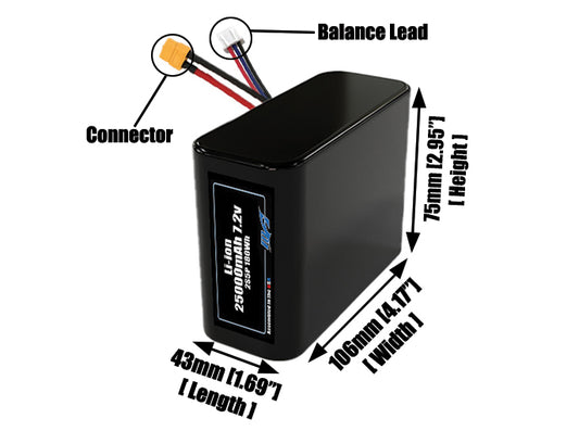 Size reference photo of the 25000mAh 7.2V lithium ion pack showing 43 mm by 106 mm by 75 mm dimensions ideal for drones or large robotic systems where space matters.