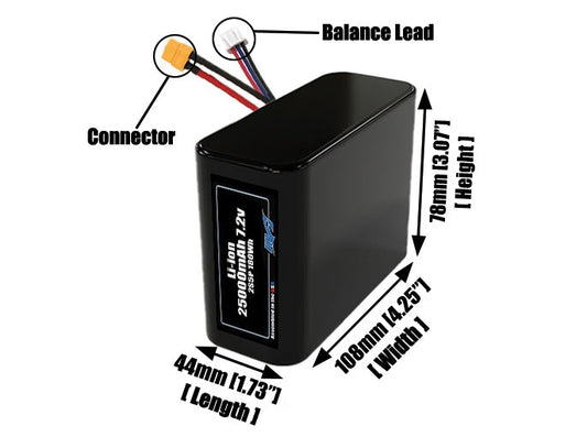 Size reference photo of the 25000mAh 7.2V lithium ion pack showing 44 mm by 108 mm by 78 mm dimensions ideal for drones or large robotic systems where space matters.