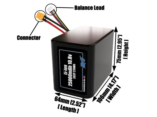 Size reference photo of the 25000mAh 10.8V lithium ion pack showing 64 mm by 106 mm by 75 mm dimensions ideal for drones or large robotic systems where space matters.