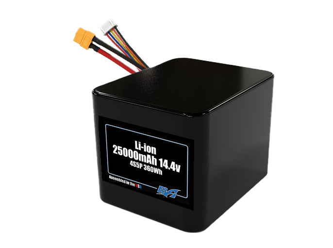 Compact 14.4-volt 25000mAh lithium-ion battery, built for lightweight drone, UAV, and robotics projects.