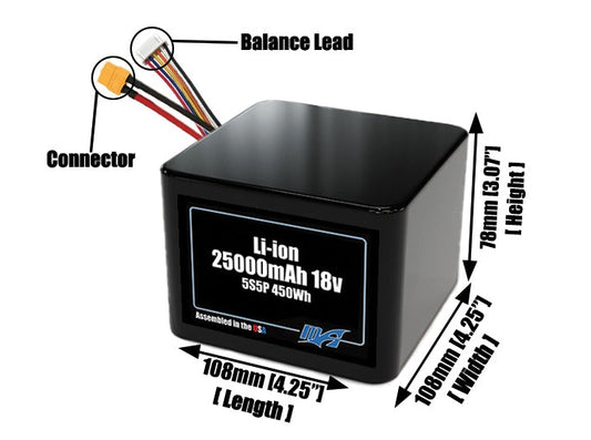 Size reference photo of the 25000mAh 18V lithium ion pack showing 108 mm by 108 mm by 78 mm dimensions ideal for drones or large robotic systems where space matters.