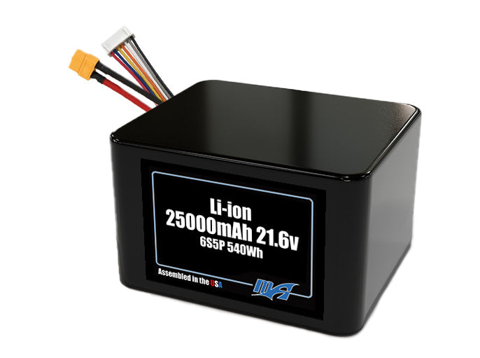 Compact 21.6-volt 25000mAh lithium-ion battery, built for lightweight drone, UAV, and robotics projects.
