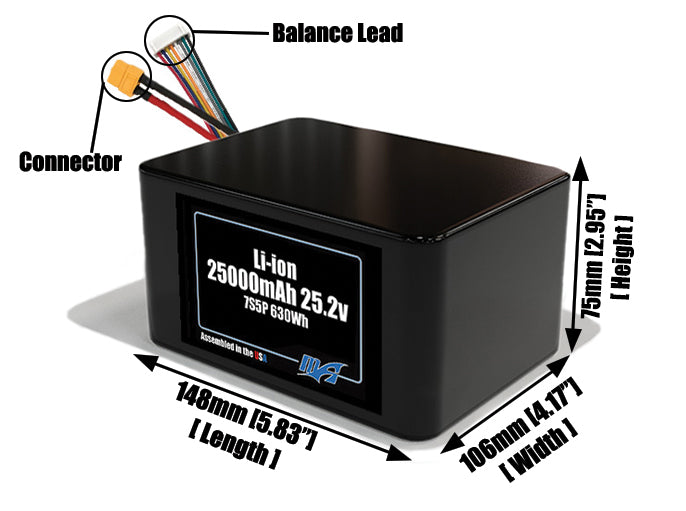 Size reference photo of the 25000mAh 25.2V lithium ion pack showing 148 mm by 106 mm by 75 mm dimensions ideal for drones or large robotic systems where space matters.