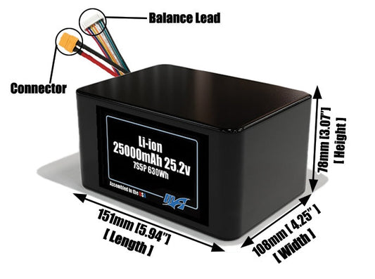 Size reference photo of the 25000mAh 25.2V lithium ion pack showing 151 mm by 108 mm by 78 mm dimensions ideal for drones or large robotic systems where space matters.
