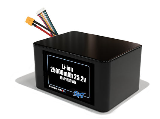 Compact 25.2-volt 25000mAh lithium-ion battery, built for lightweight drone, UAV, and robotics projects.