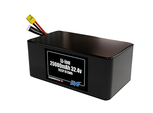 Compact 32.4-volt 25000mAh lithium-ion battery, built for lightweight drone, UAV, and robotics projects.