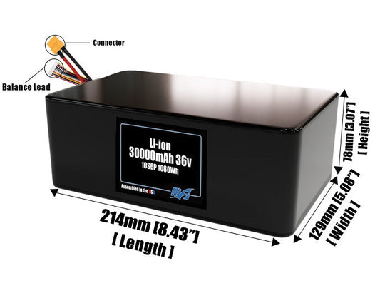 Size reference photo of the 30000mAh 36V lithium ion pack showing 214 mm by 129 mm by 78 mm dimensions ideal for drones or large robotic systems where space matters.