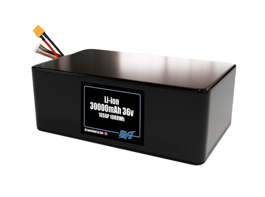 Compact 36-volt 30000mAh lithium-polymer battery, built for lightweight drone, UAV, and robotics projects.