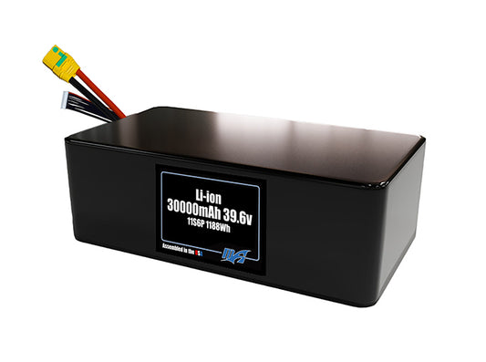 Compact 39.6-volt 30000mAh lithium-ion battery, built for lightweight drone, UAV, and robotics projects.