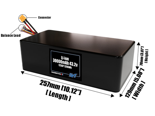Size reference photo of the 30000mAh 43.2V lithium ion pack showing 257 mm by 129 mm by 78 mm dimensions ideal for drones or large robotic systems where space matters.