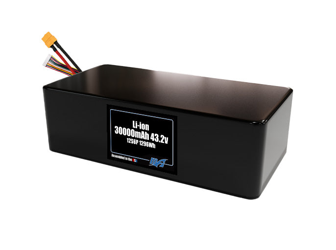 Compact 43.2-volt 30000mAh lithium-ion battery, built for lightweight drone, UAV, and robotics projects.