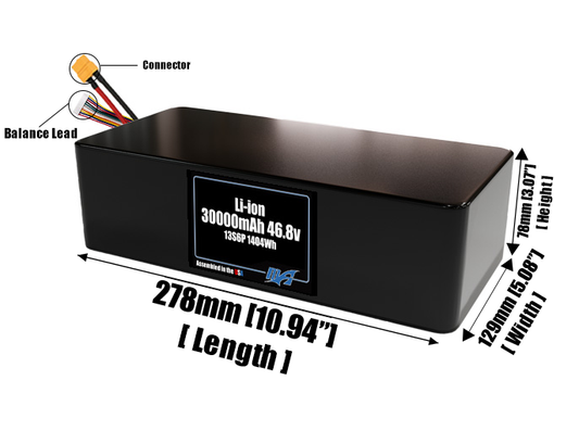 Size reference photo of the 30000mAh 46.8V lithium ion pack showing 278 mm by 129 mm by 78 mm dimensions ideal for drones or large robotic systems where space matters.