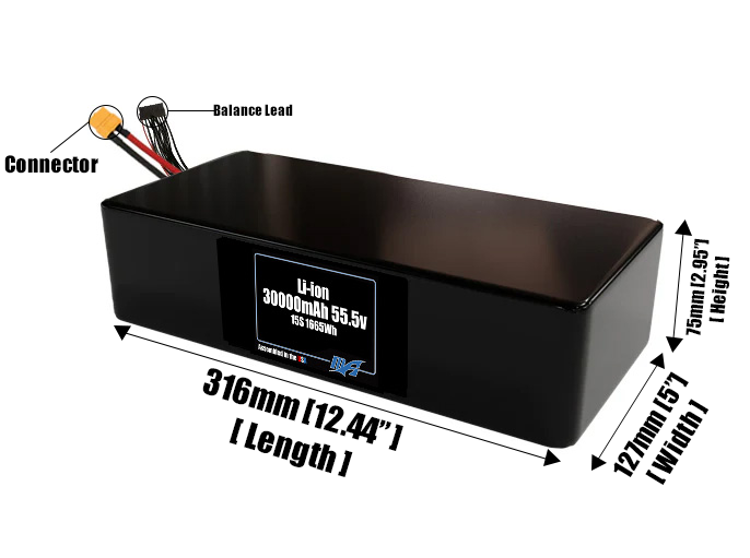 Size reference photo of the 30000mAh 55.5V lithium ion pack showing 316 mm by 127 mm by 75 mm dimensions ideal for drones or large robotic systems where space matters.
