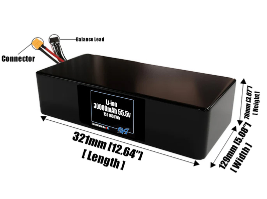 Size reference photo of the 30000mAh 54V lithium ion pack showing 321 mm by 129 mm by 78 mm dimensions ideal for drones or large robotic systems where space matters.