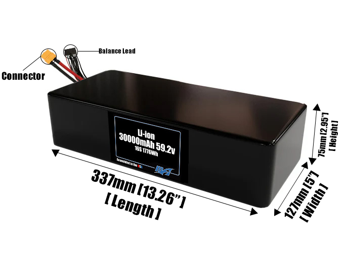 Size reference photo of the 30000mAh 59.2V lithium ion pack showing 337 mm by 127 mm by 75 mm dimensions ideal for drones or large robotic systems where space matters.
