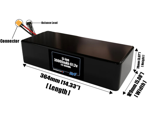 Size reference photo of the 30000mAh 61.2V lithium ion pack showing 364 mm by 129 mm by 78 mm dimensions ideal for drones or large robotic systems where space matters.
