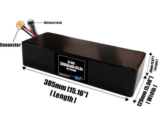 Size reference photo of the 30000mAh 64.8V lithium ion pack showing 385 mm by 129 mm by 78 mm dimensions ideal for drones or large robotic systems where space matters.
