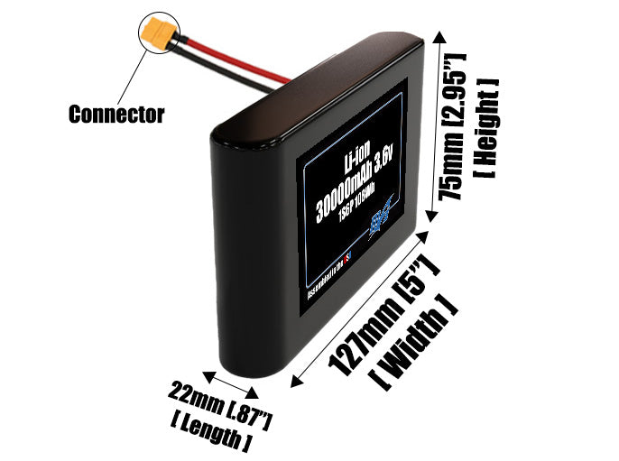 Size reference photo of the 30000mAh 3.6V lithium ion pack showing 22 mm by 127 mm by 75 mm dimensions ideal for drones or large robotic systems where space matters.
