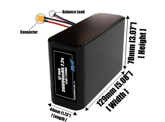 Size reference photo of the 30000mAh 7.2V lithium ion pack showing 44 mm by 129 mm by 78 mm dimensions ideal for drones or large robotic systems where space matters.