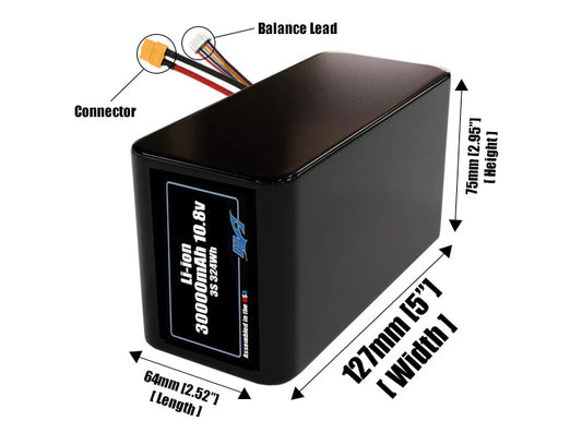 Size reference photo of the 30000mAh 10.8V lithium ion pack showing 64 mm by 127 mm by 75 mm dimensions ideal for drones or large robotic systems where space matters.