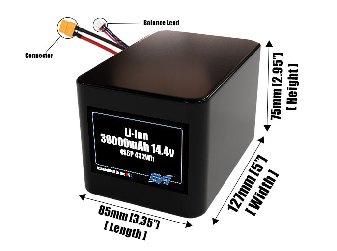 Size reference photo of the 30000mAh 14.4V lithium ion pack showing 852 mm by 127 mm by 75 mm dimensions ideal for drones or large robotic systems where space matters.