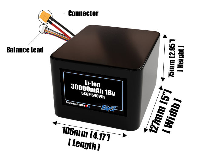 Size reference photo of the 30000mAh 18V lithium ion pack showing 106 mm by 127 mm by 75 mm dimensions ideal for drones or large robotic systems where space matters.