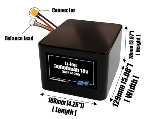 Size reference photo of the 30000mAh 18V lithium ion pack showing 108 mm by 129 mm by 78 mm dimensions ideal for drones or large robotic systems where space matters.