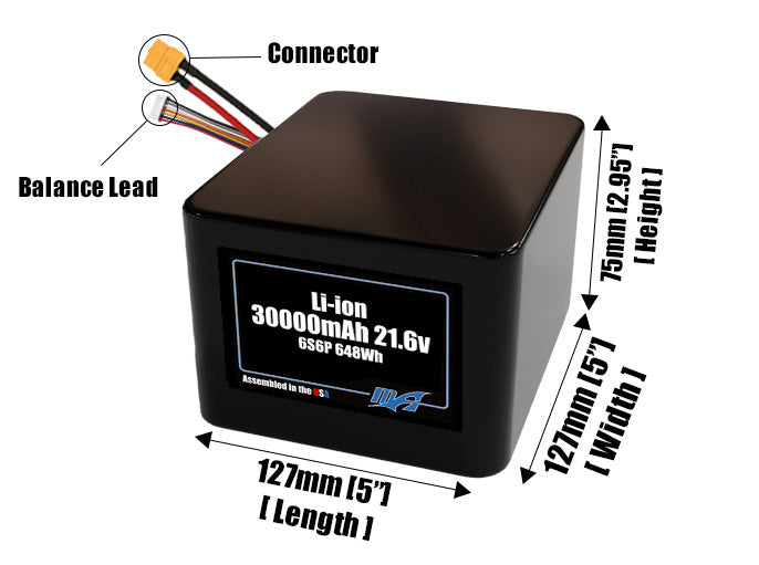 Size reference photo of the 30000mAh 3.6V lithium ion pack showing 127 mm by 127 mm by 75 mm dimensions ideal for drones or large robotic systems where space matters.