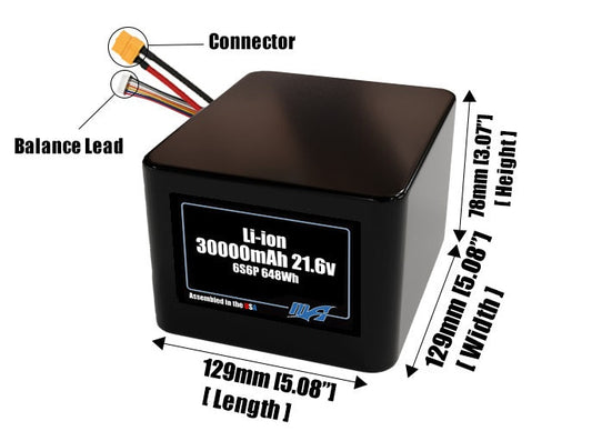 Size reference photo of the 30000mAh 21.6V lithium ion pack showing 129 mm by 129 mm by 78 mm dimensions ideal for drones or large robotic systems where space matters.